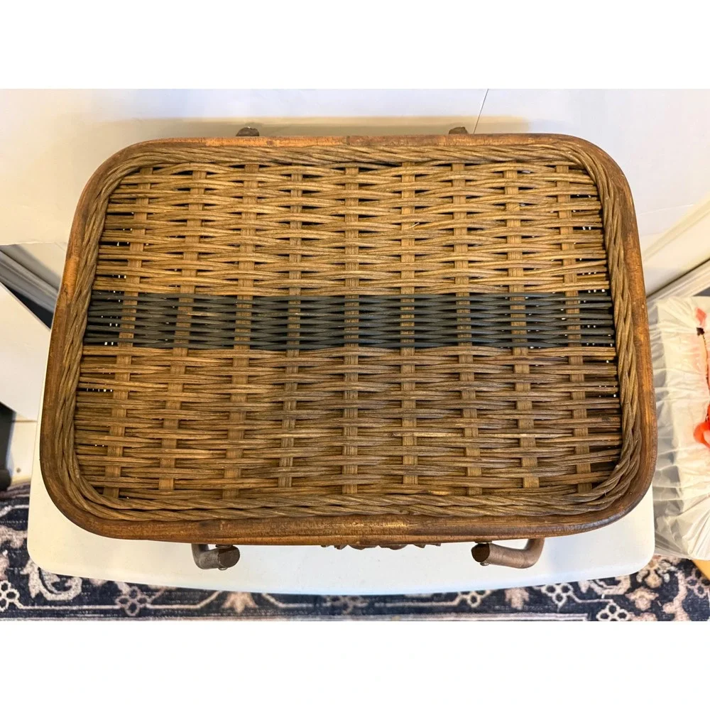 Vintage Woven Wicker Picnic Basket Two Tone Brown Hinged Lid Wood Base Handles